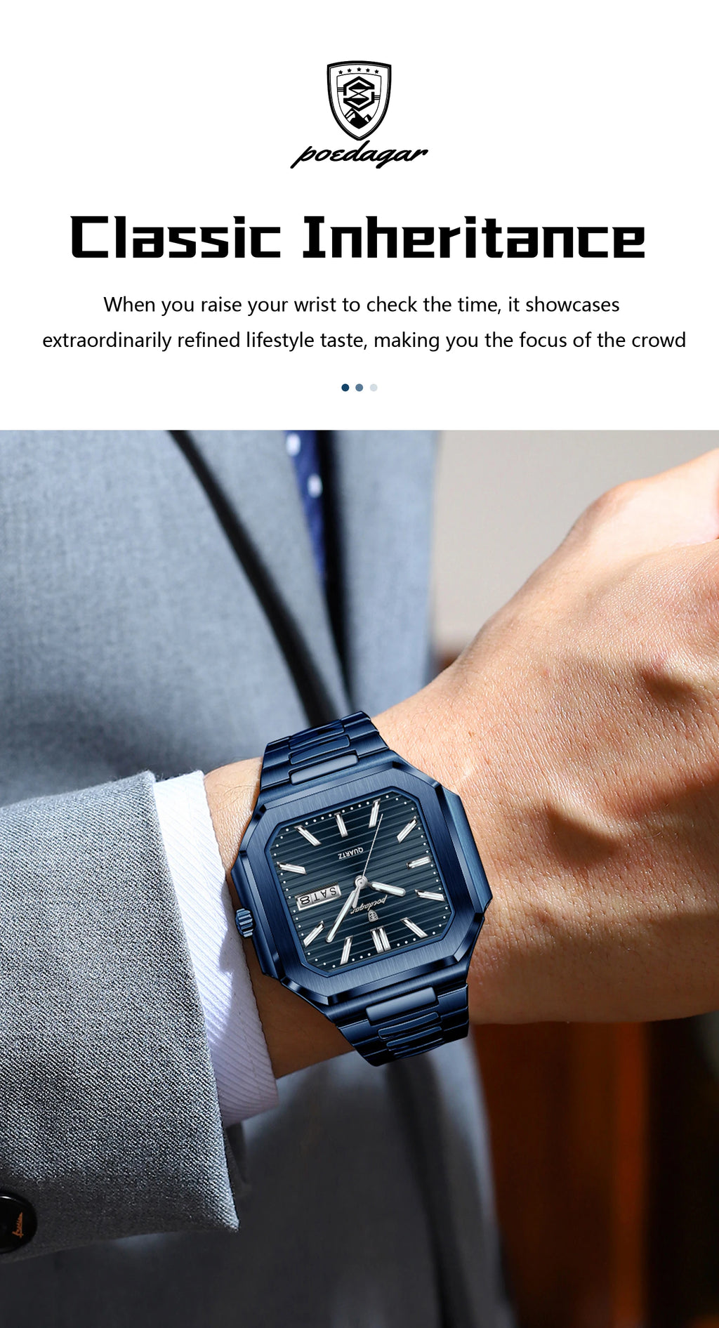POEDAGAR Top Luxury Brand Male Watch Waterproof Luminous Date Week Quartz Men's Watches Stainless Steel Fashion Square Men Watch