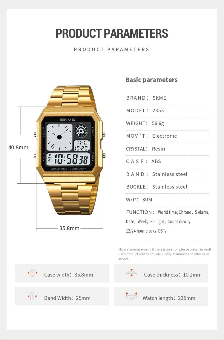 SKMEI 2353 Waterproof Outdoor Sport Stainless Steel Strip Wristwatches Reloj Hombre World Digital Electronic Watch For Men Women