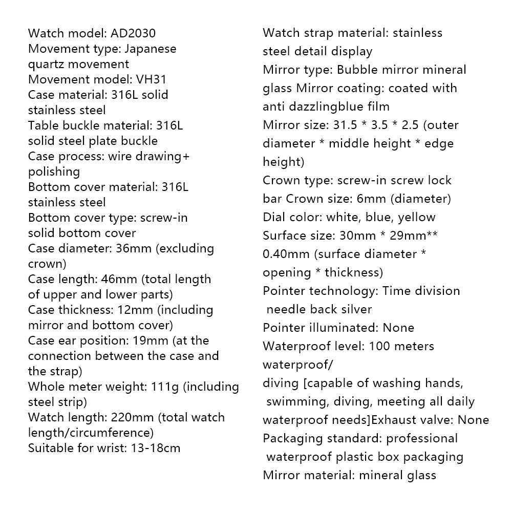 ADDIESDIVE Hot Sale Quartz Watch Simple 10Bar Steel Dive Wristwatch Bubble Mirror Pot Cover Glass Sports 36mm Men Watches AD2030
