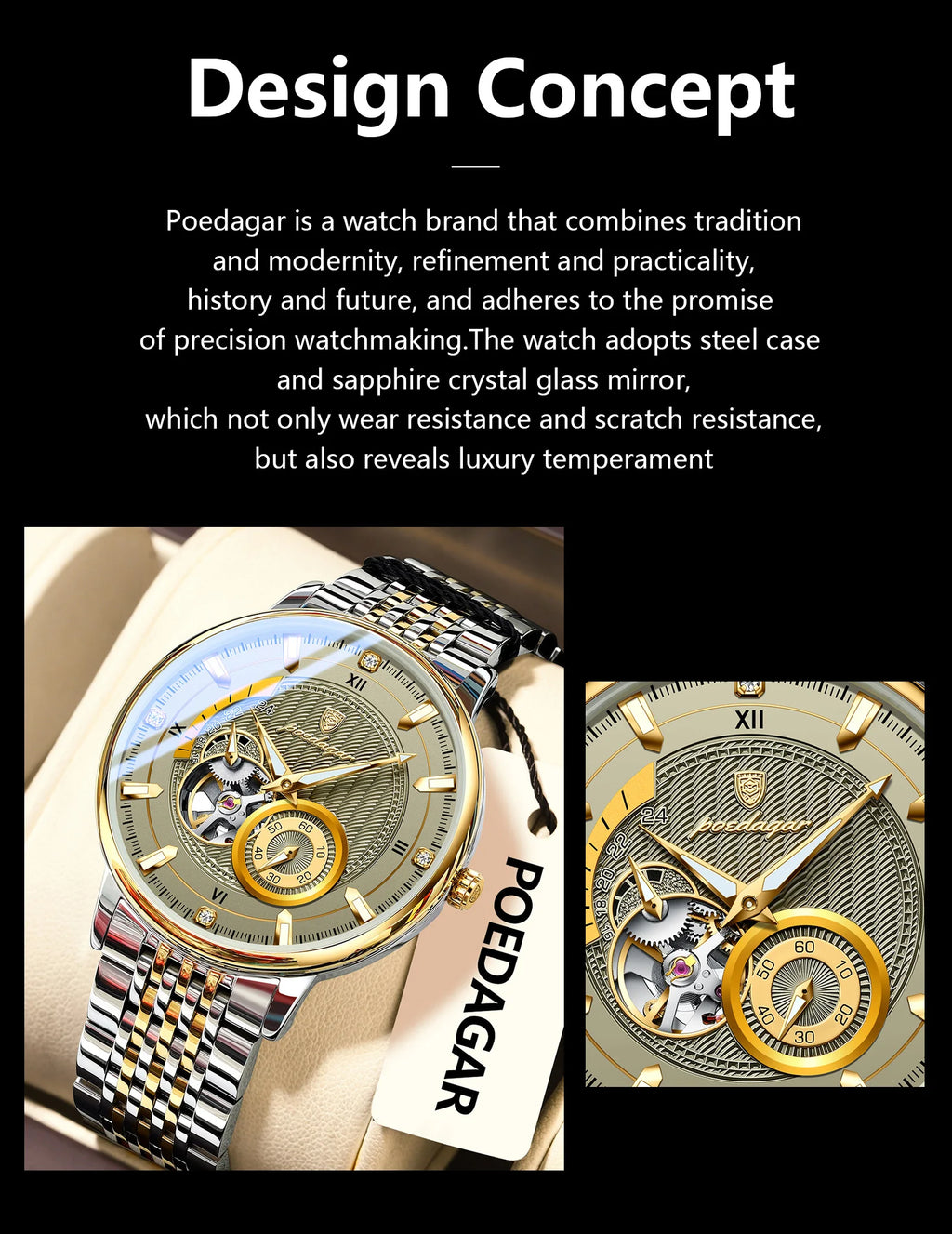 POEDAGAR Top Luxury Man Wristwatch Luminous Hollow Tourbillon Stainless Steel Men Clock Mechanical Automatic Men's Watches Reloj