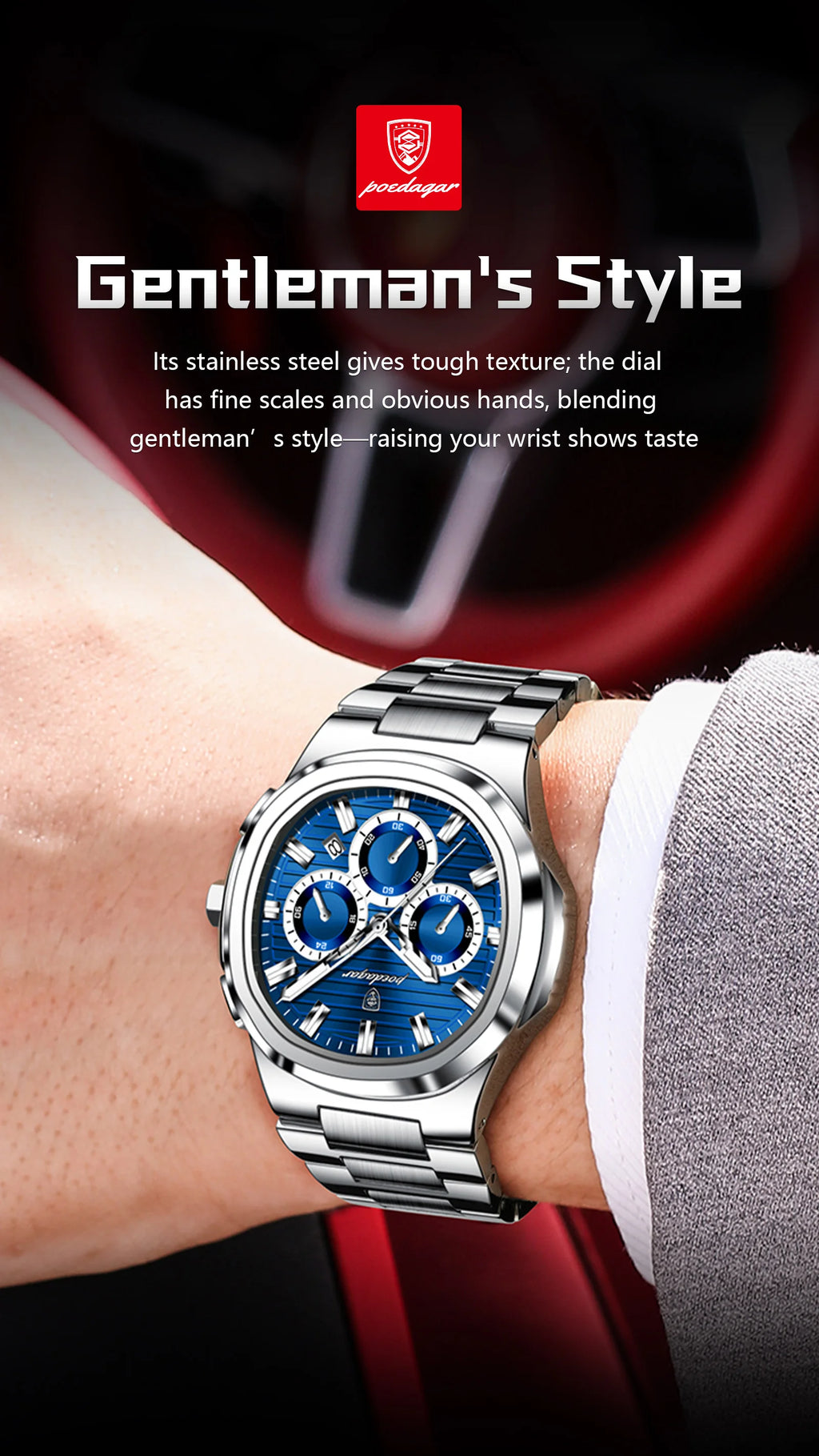 POEDAGAR Business Male Clock Date Chronograph Waterproof Luminous Luxury Men Watch Stainless Steel Quartz Fashion Men's Watches