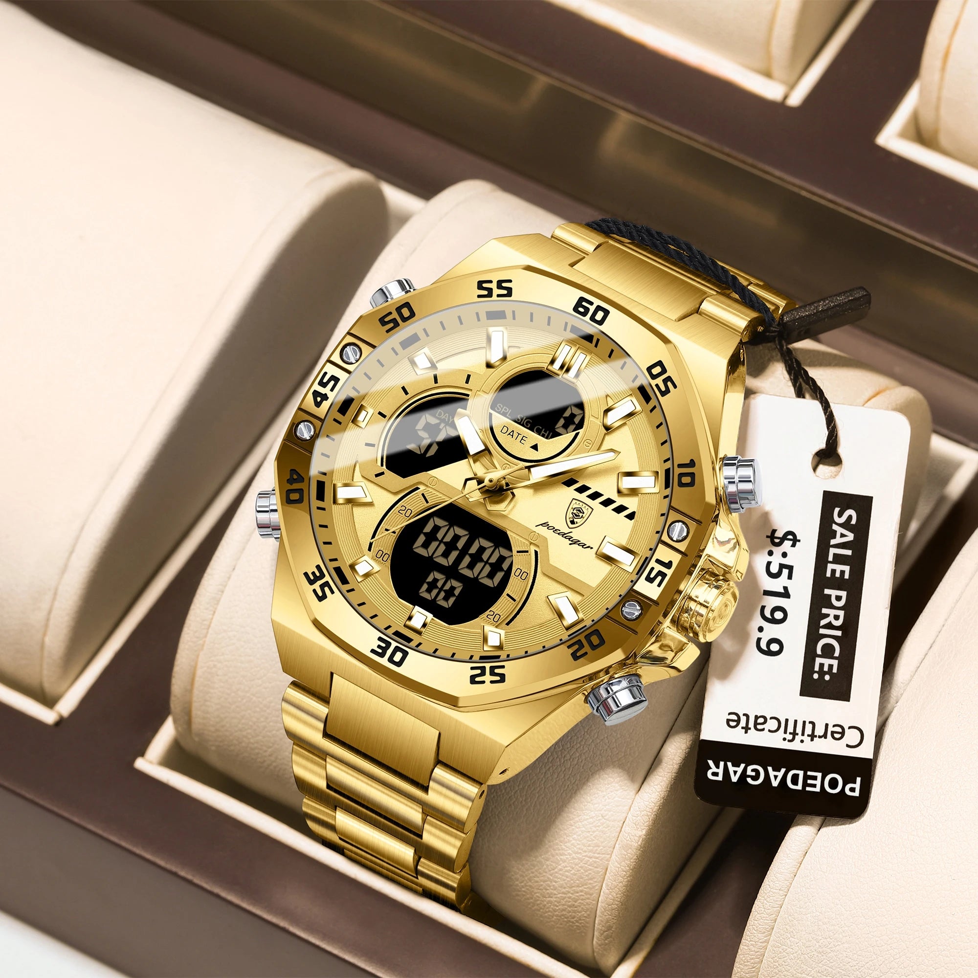 POEDAGAR Top Sport Men Clock LED Luminous Waterproof Week Date Man Watch Electronic Stainless Steel Fashion Quartz Men's Watches