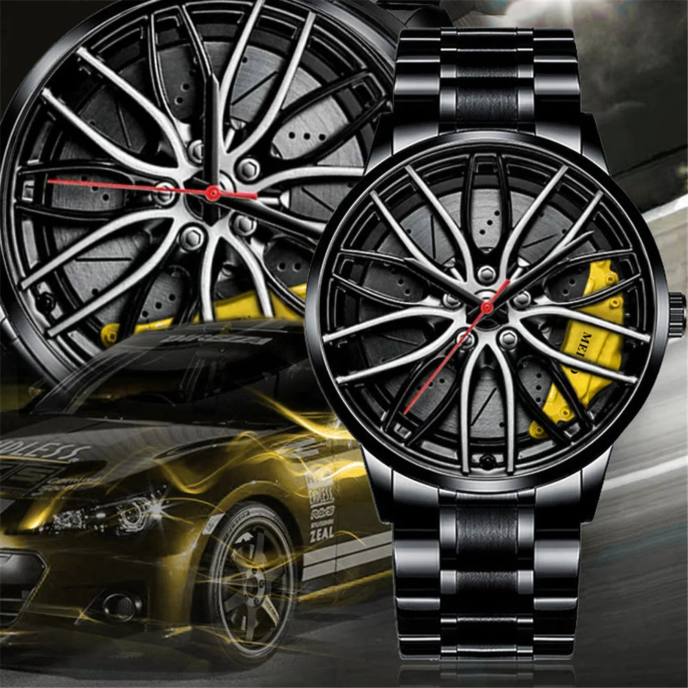New Fashion Men Leather Watches Men Car Wheel Hub Stainless Steel Quartz Watch For Mens Military Sports Watch Relogio Masculino