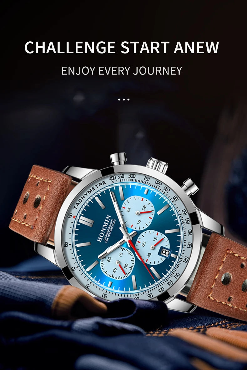 HONMIN Man Luxury Watch High Quality Waterproof Chronograph Luminous Men's Wristwatch Leather Men Quartz Watches Casual Clock