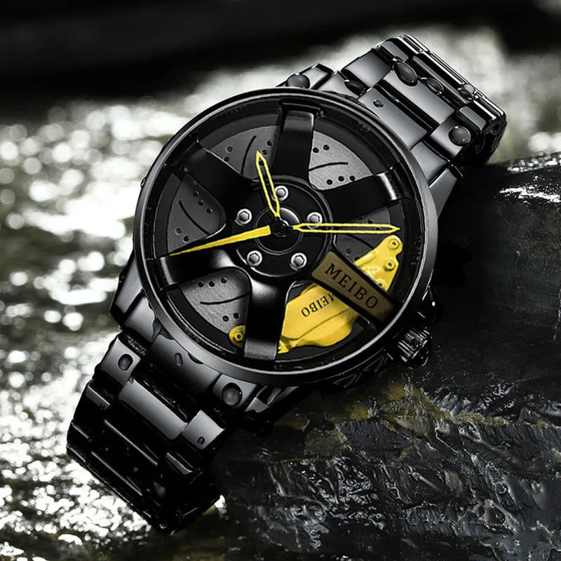 New Fashion Men Leather Watches Men Car Wheel Hub Stainless Steel Quartz Watch For Mens Military Sports Watch Relogio Masculino