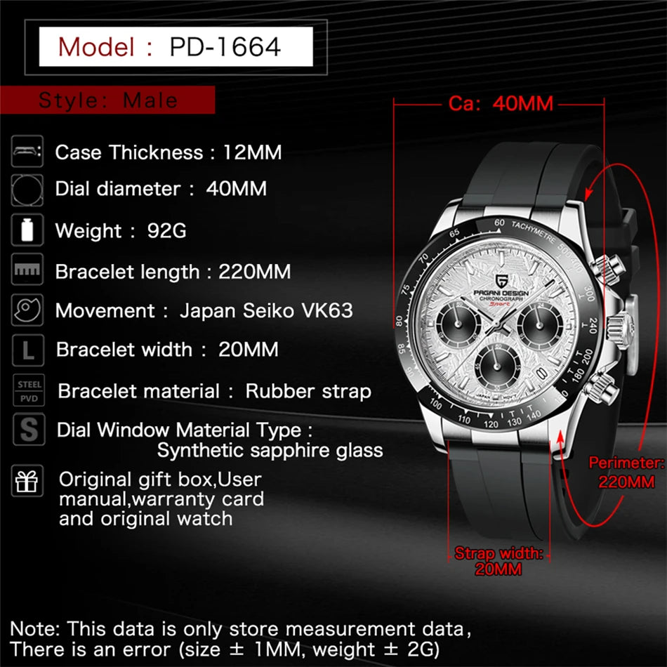 PAGANI DESIGN 2026 New Men Watches Luxury Quartz Watch For Men 100M Waterproof Sports Chronograph Wristwatch for Men gift