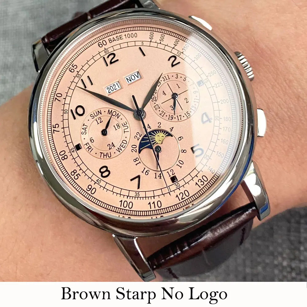 Corgeut 42mm Automatic Men's Watch Date Day Month Year Salmon Dial Multifunction 316L Leather Strap Polished Case Day Night