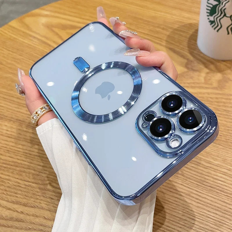 Luxury Plating For Magsafe Case For iPhone 16 15 14 13 12 11 Pro Max Wireless Charge Magnetic Cover With Camera Lens Protector