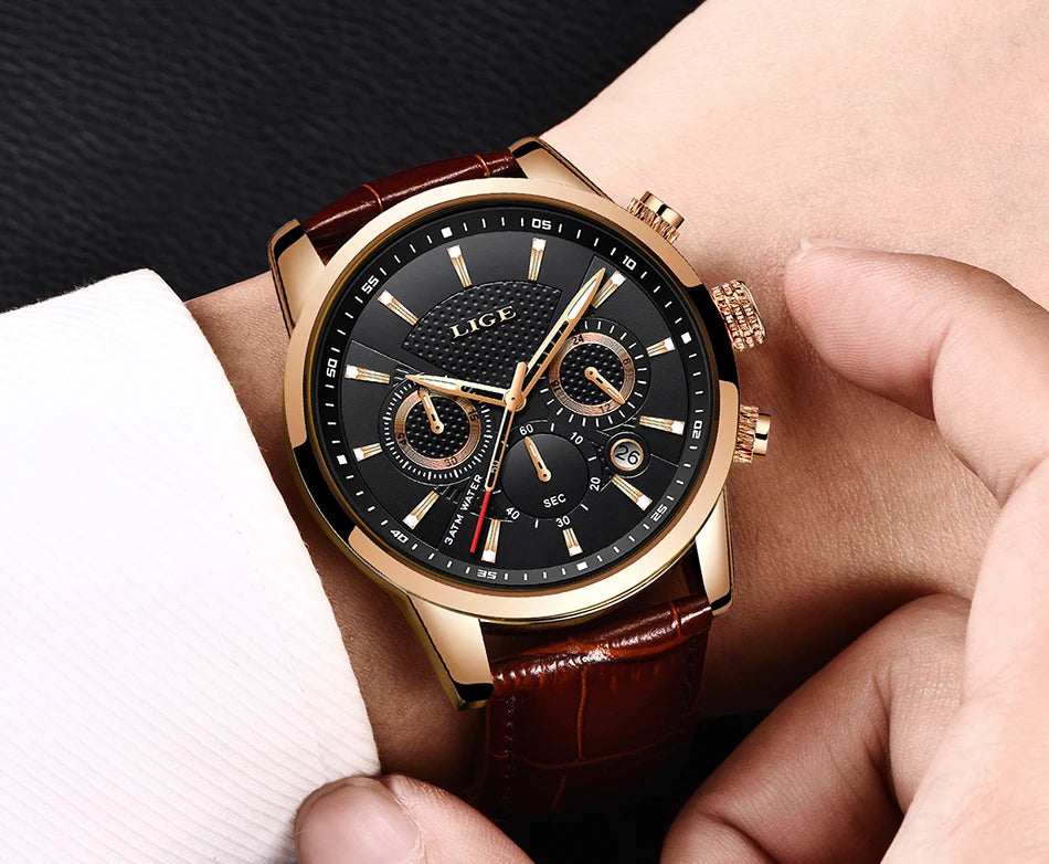 LIGE New Brown Leather Watch for Men Fashion Top Brand Luxury Men's Quartz Wristwatches Casual Waterproof Luminous Chronograph