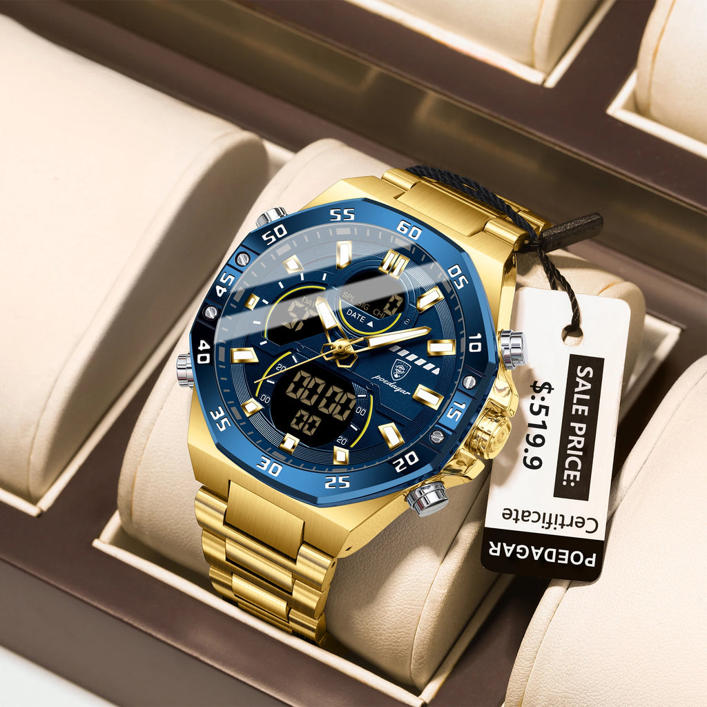 POEDAGAR Top Sport Men Clock LED Luminous Waterproof Week Date Man Watch Electronic Stainless Steel Fashion Quartz Men's Watches