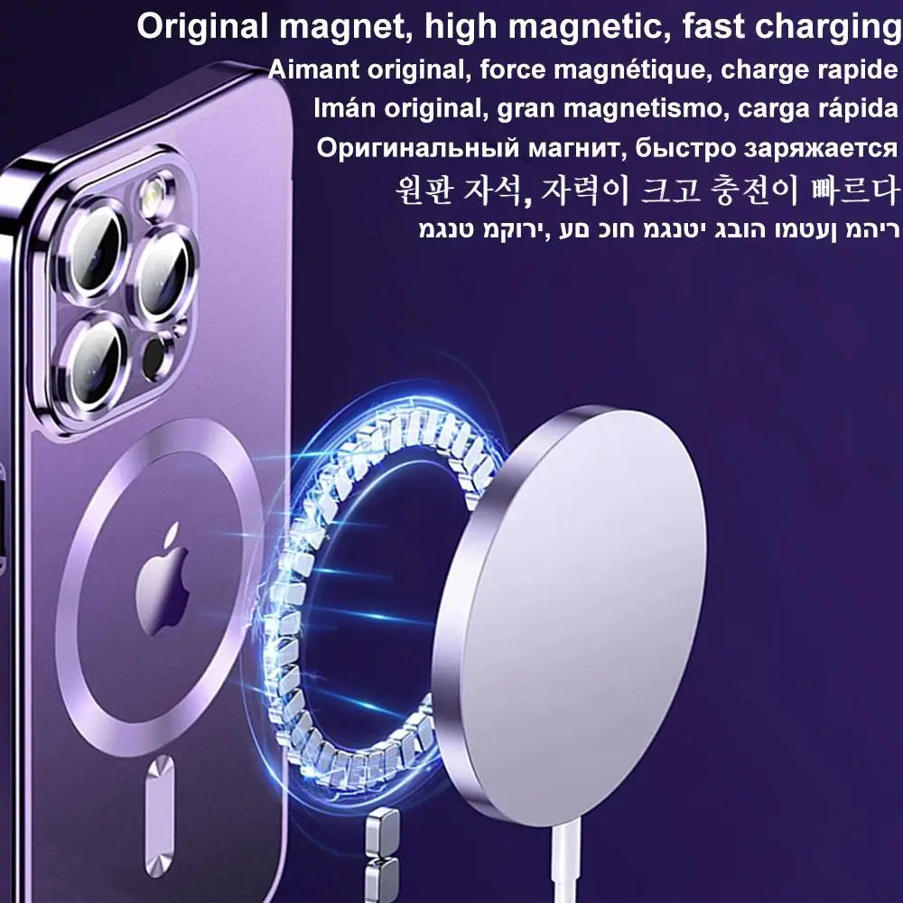 Magnetic Plating Case For iPhone 15 16 14 Plus 13 12 11 Pro Max E Camera Lens Protector Glass For Magsafe Wireless Charger Cover