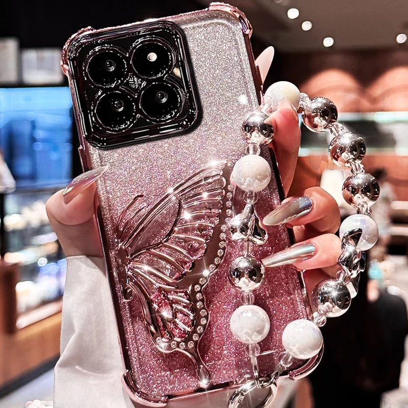 Shockproof Plating Glitter Butterfly Bracket Bracelet Case for iPhone 17 Air 16 15 14 13 12 11 17 Pro Max 16 Plus 16E Soft Cover