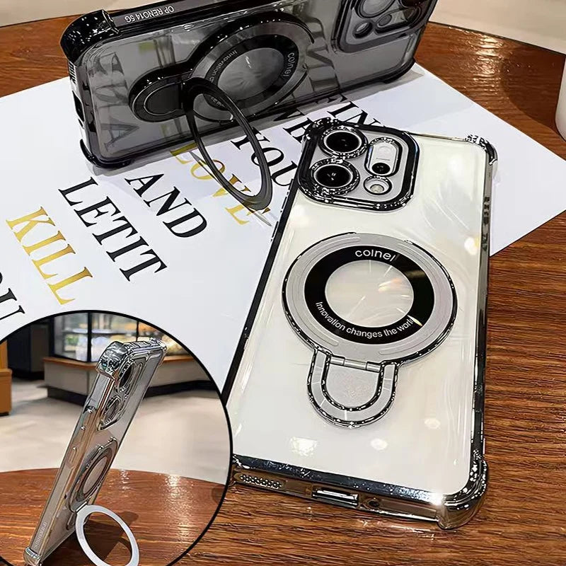 For OPPO Reno 14 13 12 11 Reno14 Reno13 F Pro 13F 14F 12F Case Magnetic Bracket Holder Plating Soft Transparent Shockproof Cover