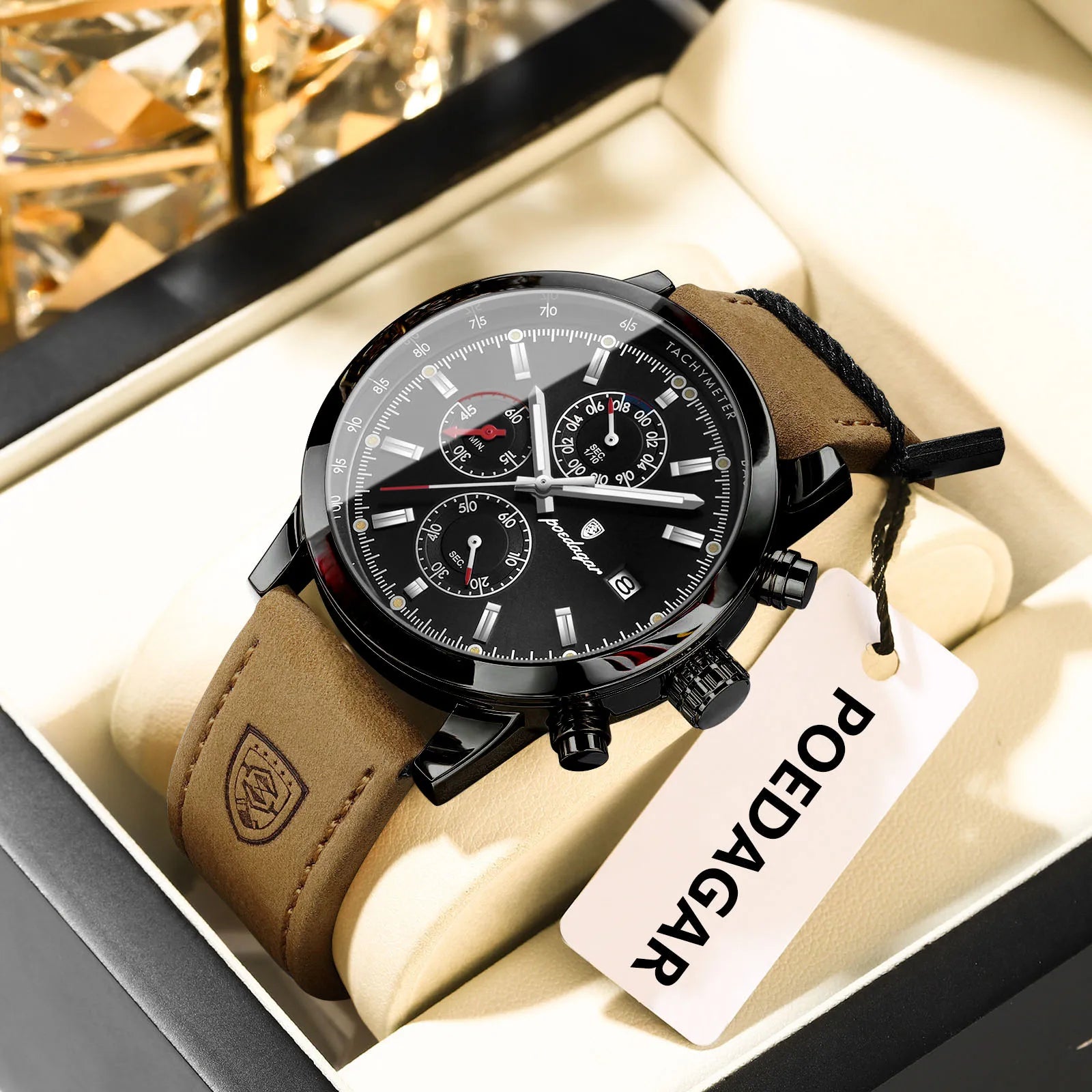POEDAGAR Fashion Quartz Men's Watch Waterproof Luminous Chronograph Date Leather Man Watch Luxury Business Watches For Men Reloj