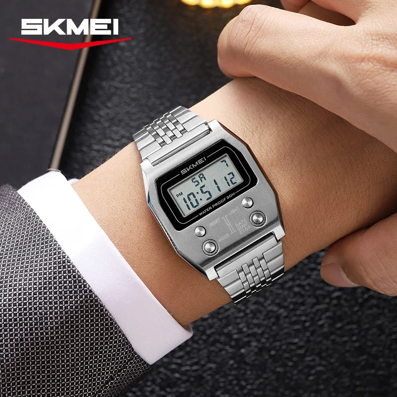 SKMEI 2460 Fashion Male LED Electronic Waterproof Stainless Steel Digital Mens Wristwatches Sport Watch for Men Reloj Hombre