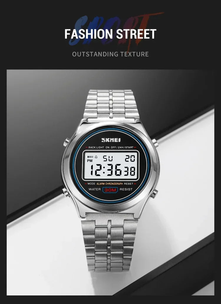 SKMEI 2146  Stainless Steel Men Waterproof Date Alarm Wriswatch reloj hombre Back Light Display Stopwatch Digital Sport Watches