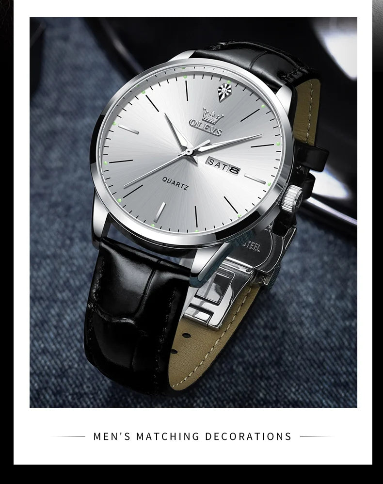 OLEVS Men's Watch Brand Business Waterproof Luminous Week Date Quartz Watch Fashion Leather Strap Classic Luxury Men's Watch