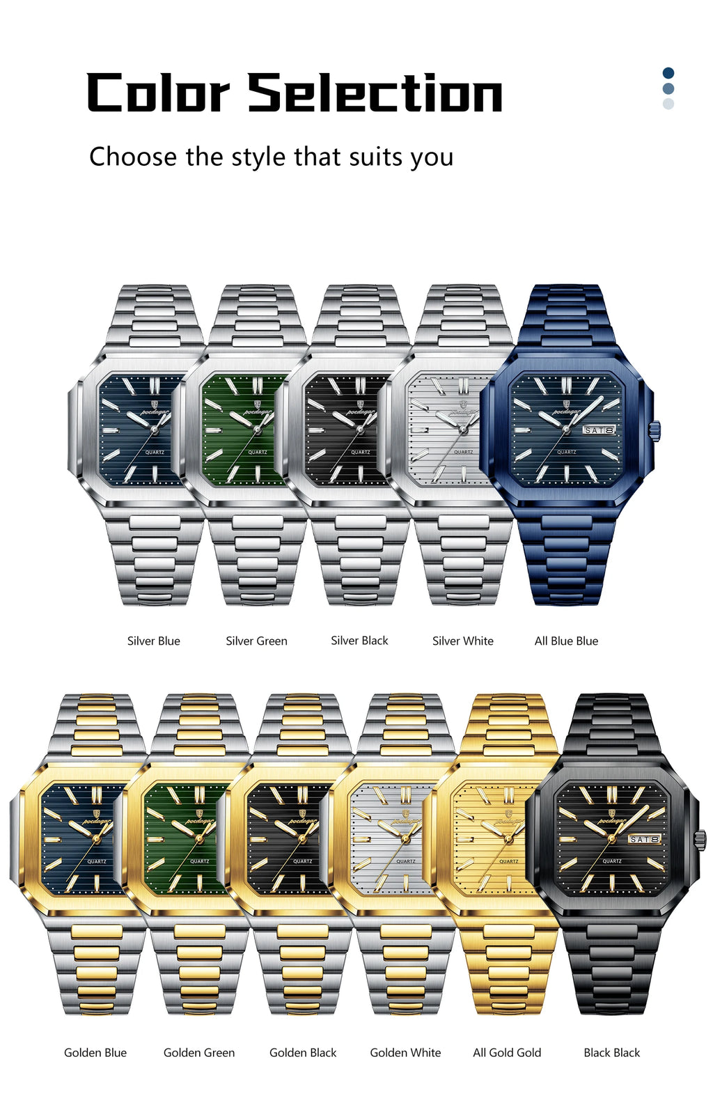 POEDAGAR Luxury Square Male Watch Waterproof Luminous Date Week Quartz Watches For Men Stainless Steel Fashion Men's Clock Reloj