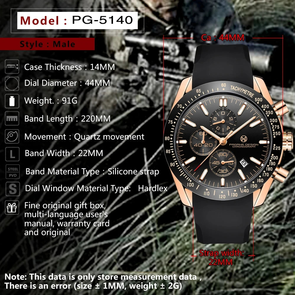 Pagane Design 2026 New Men's Quartz Chronograph Luxury Sapphire Stainless Steel Waterproof 3Bar Night Light C3 Casual Watch