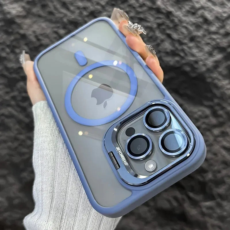 Luxury Magnetic Shockproof Phone Case For iPhone 17 15 16 14 13 12 11 Pro Max For Magsafe Funda Stand Glass Lens Protector Cover
