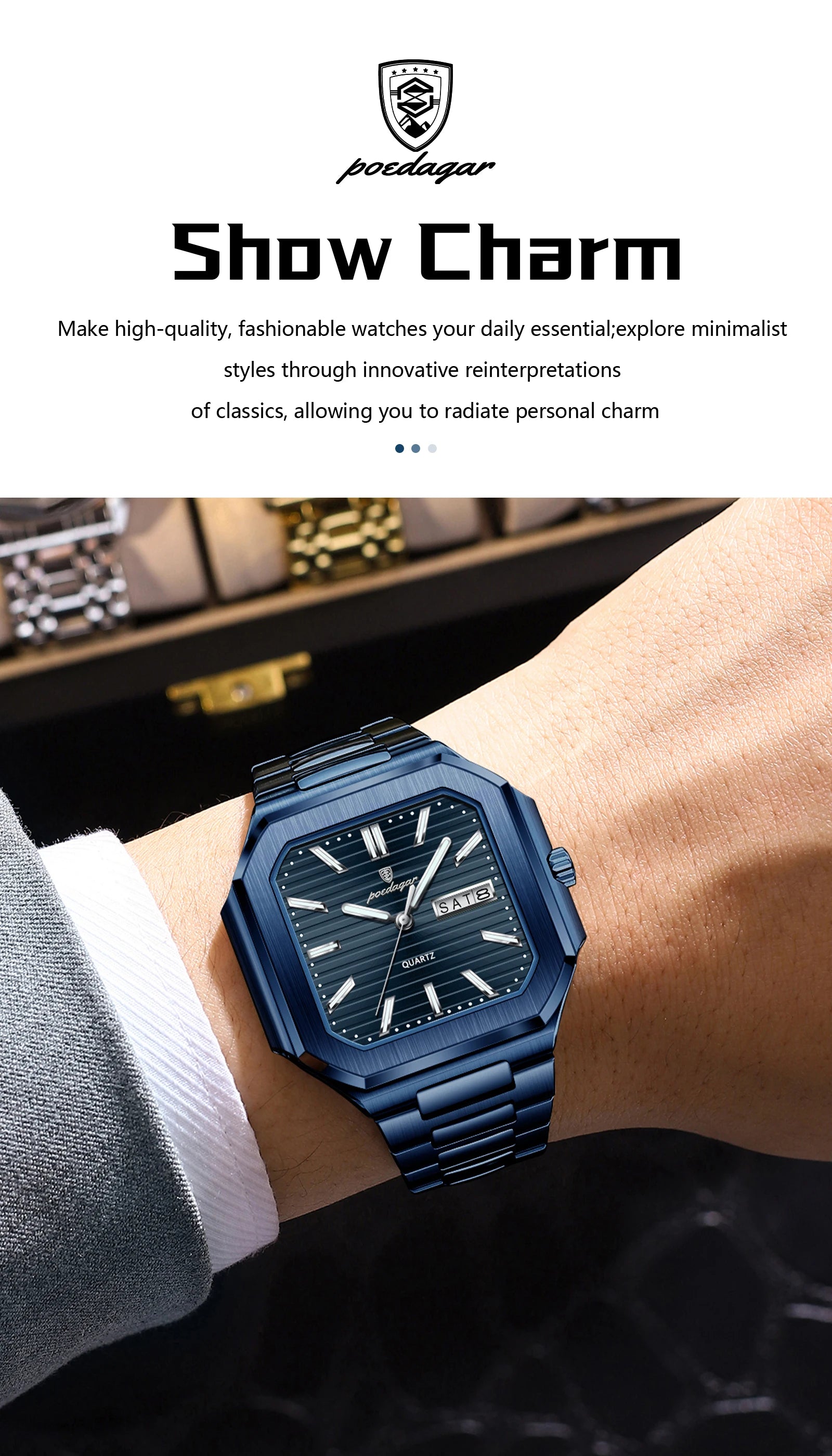 POEDAGAR Top Luxury Brand Male Watch Waterproof Luminous Date Week Quartz Men's Watches Stainless Steel Fashion Square Men Watch