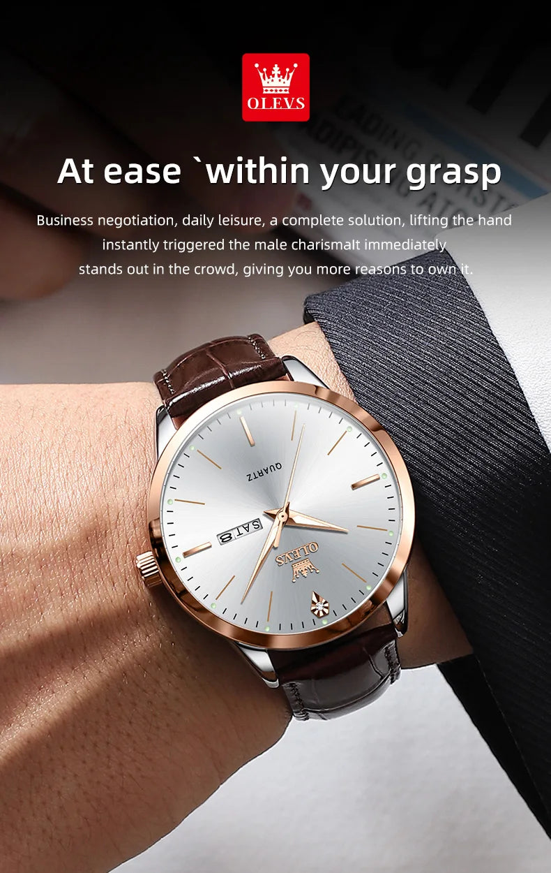 OLEVS Men's Watch Brand Business Waterproof Luminous Week Date Quartz Watch Fashion Leather Strap Classic Luxury Men's Watch