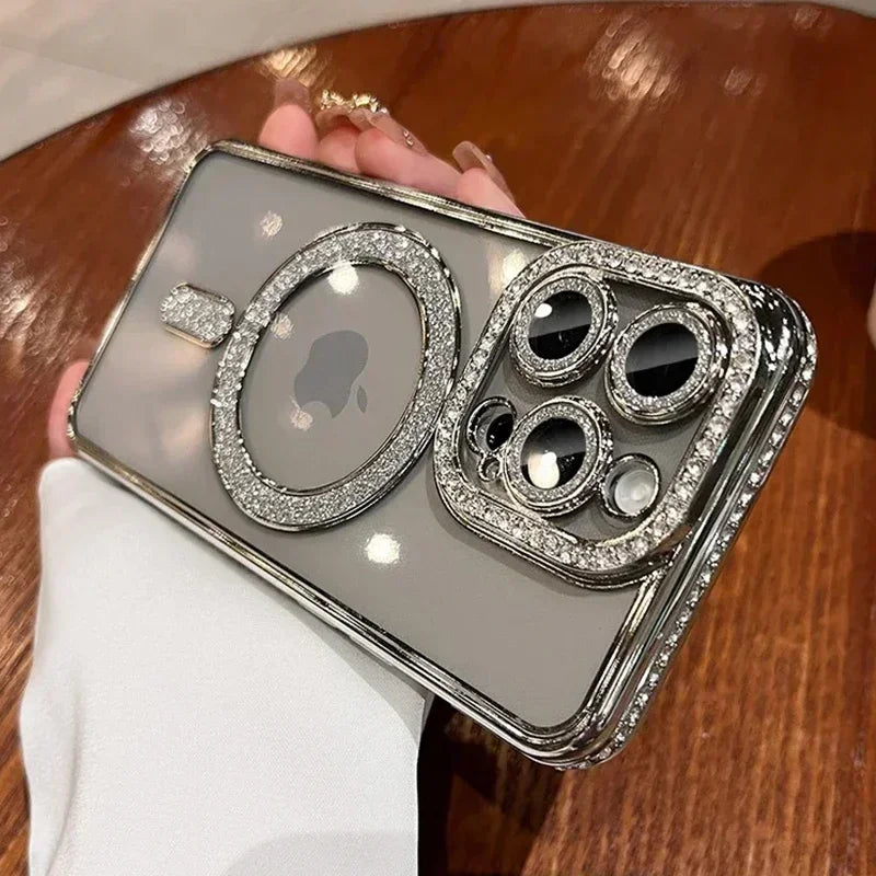 New Fashion Glitter Diamond Transparent Case For iPhone 17 16 15 14 13 11 12 Pro Max Funda Magnetic Wireless Charge Bumper Cover