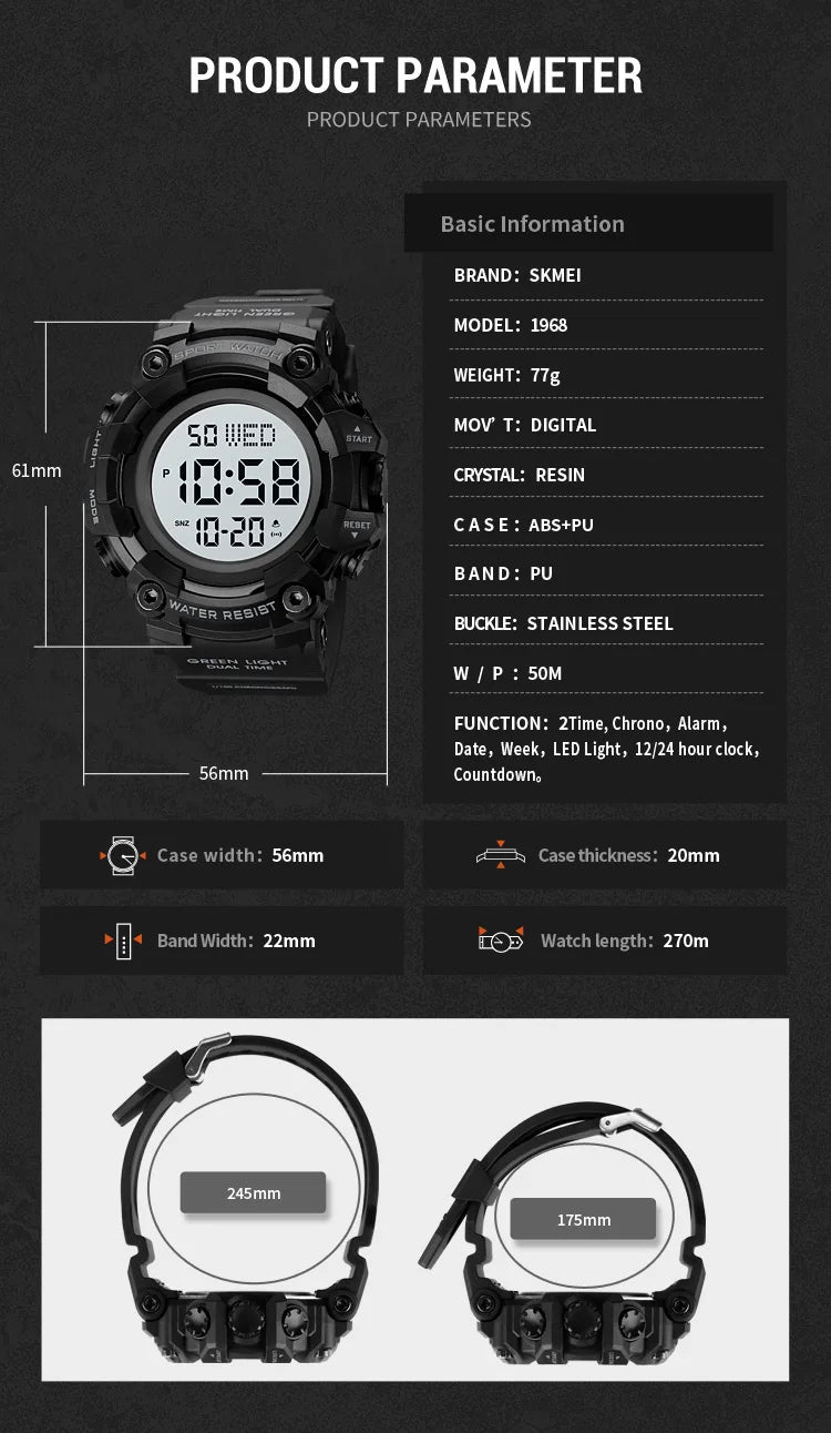 Skmei Luxury Fashion Sports Watches Men Waterproof Stopwatch Dual Time Digital Wristwatch Big Dial Clock Reloj Hombre
