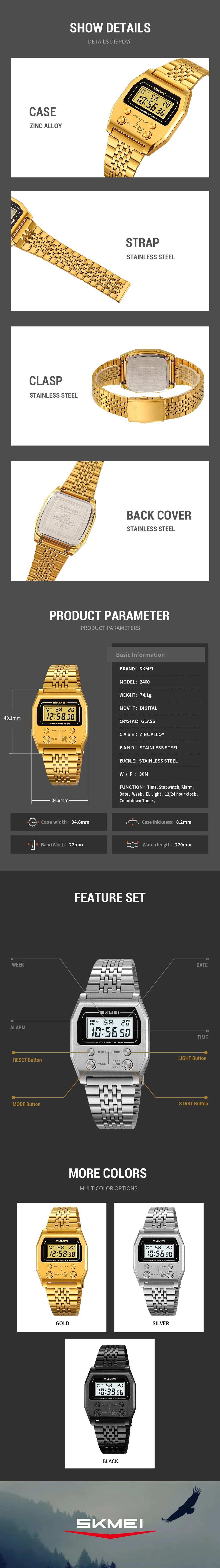 SKMEI 2460 Fashion Male LED Electronic Waterproof Stainless Steel Digital Mens Wristwatches Sport Watch for Men Reloj Hombre