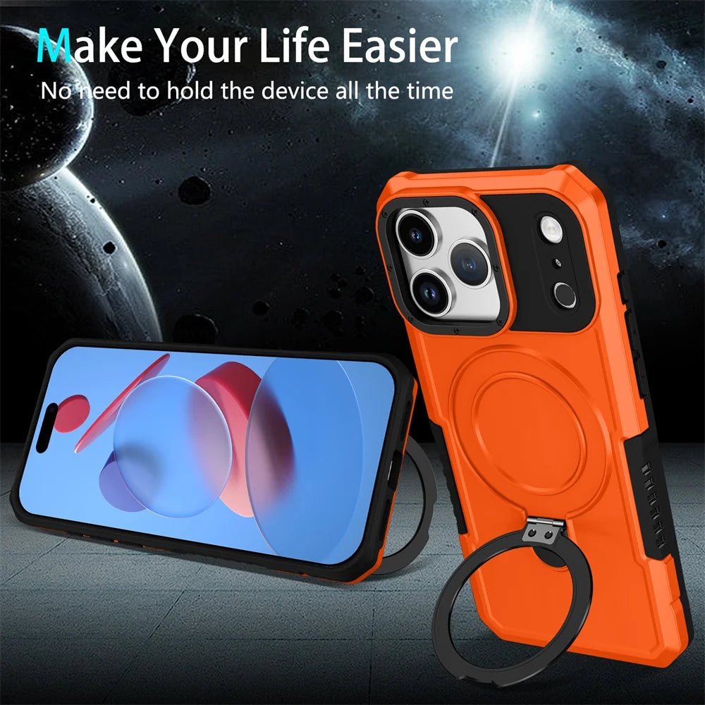 Luxury Anti-slip Frame Armor Magnetic Stand Phone Case For iPhone 17 Pro Max Plus Double Layer Protection Shockproof Back Cover