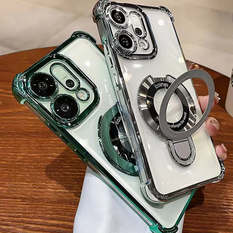 For OPPO Reno 14 13 12 11 Reno14 Reno13 F Pro 13F 14F 12F Case Magnetic Bracket Holder Plating Soft Transparent Shockproof Cover