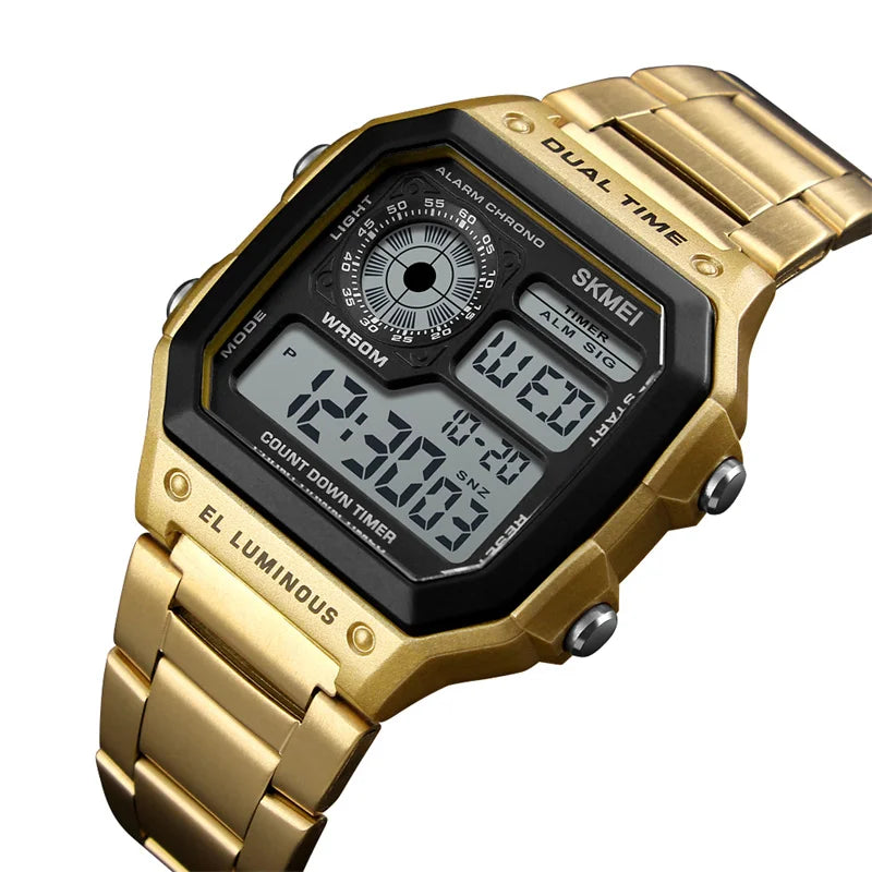 Skmei Dual Time Zone Men's Digital Sports Bracelet Watches Luxury Stainless Steel Band 50M Waterproof Led Chronograph Stop Watch