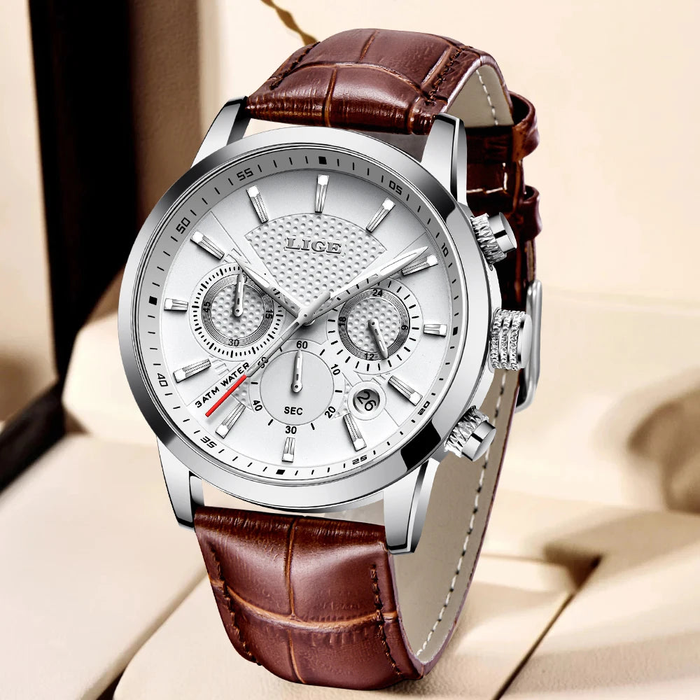 LIGE New Brown Leather Watch for Men Fashion Top Brand Luxury Men's Quartz Wristwatches Casual Waterproof Luminous Chronograph