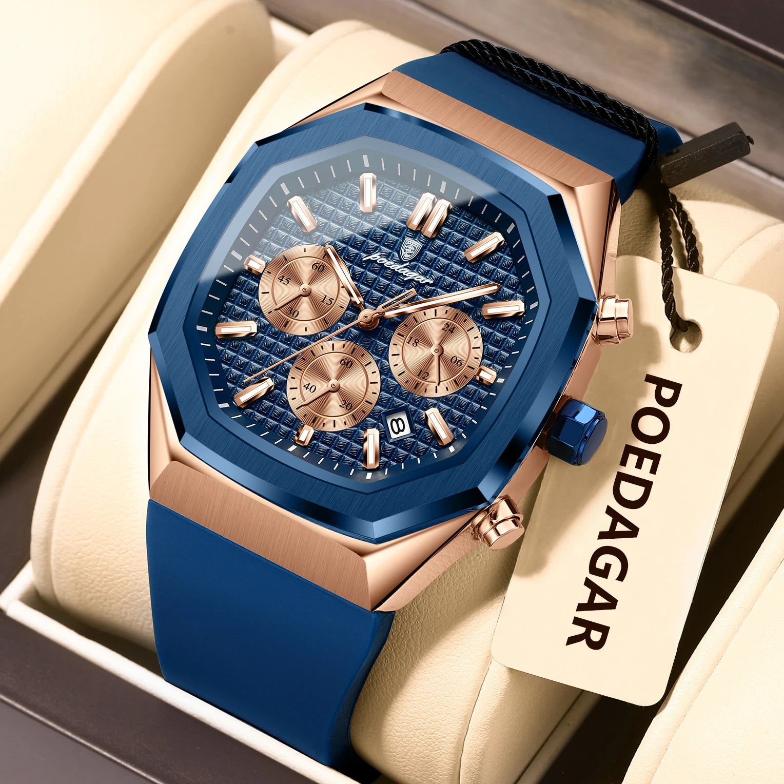 POEDAGAR Business Men's Wristwatch Chronograph Date Silicone Strap Man Watch Waterproof Luminous Military Quartz Watches For Men