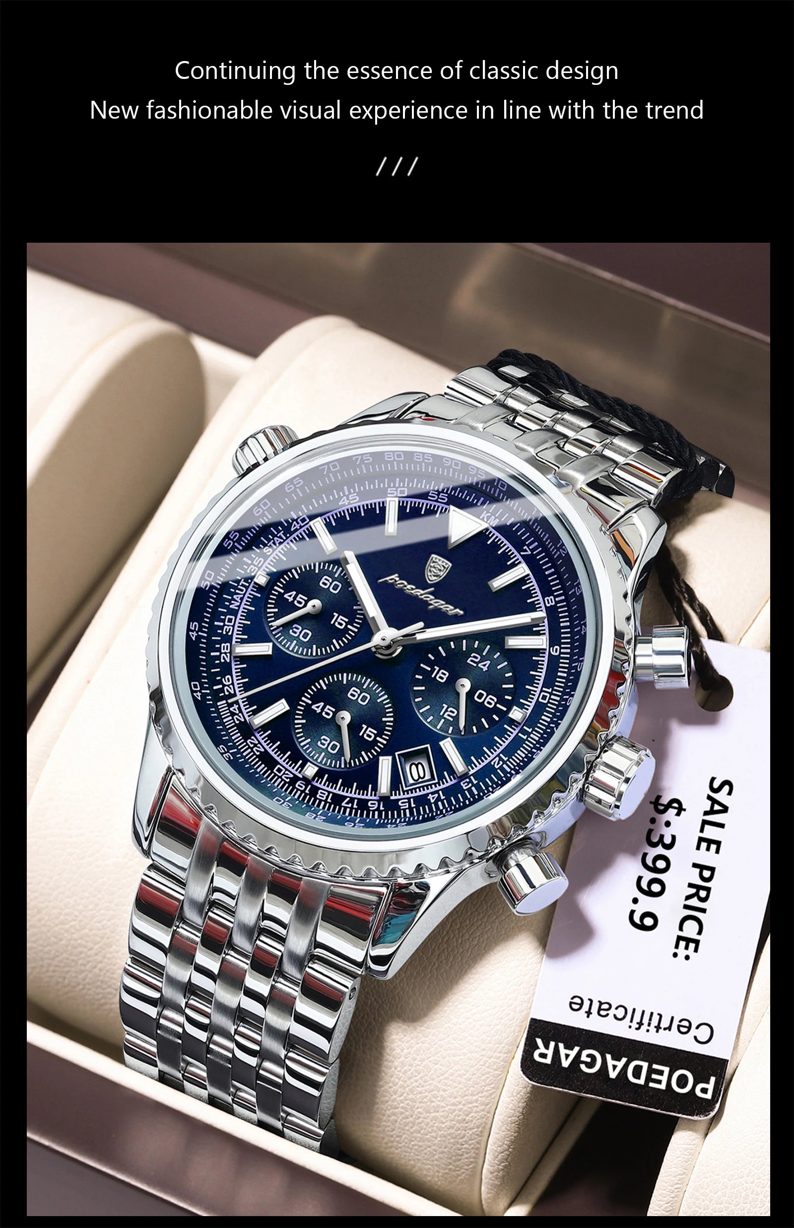 POEDAGAR Luxury Sport Man Watch Chronograph Date Waterproof Luminous Men's Quartz Watches Stainless Steel Fashion Men Wristwatch