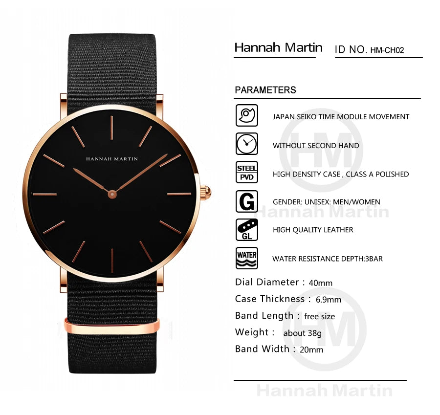 HANNAH MARTIN Brand Japan Quartz Movement Men's Waterproof Wrist Watches Fashion Luxury Ultra Thin Leather Creative Male Watches