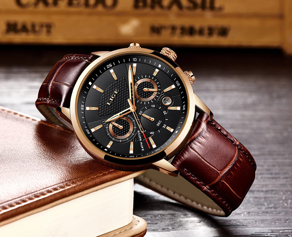 LIGE New Brown Leather Watch for Men Fashion Top Brand Luxury Men's Quartz Wristwatches Casual Waterproof Luminous Chronograph