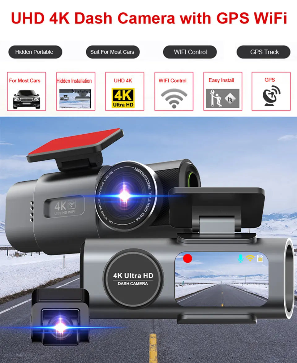 Dash Cam 4K UHD Recording Car Camera DVR us Night Vision Video Recorder Built-In Wi-Fi Support GPS 24H Parking