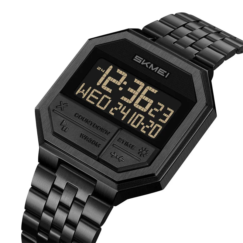 Skmei Luxury Steel Strap Digital Watches for Mens LED Light 50M Waterproof Fashion Sports Dual Time with Alarm Clock