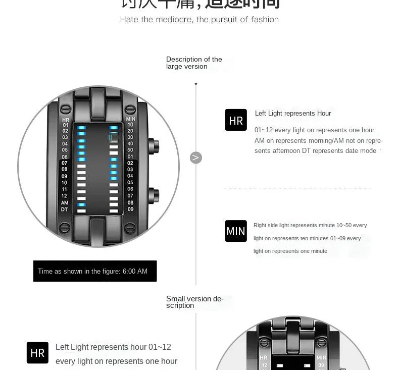 Men Watch 50m Waterproof Lava Watch Double Row Lamp Led Watch Male Binary Steel Band Electronic Sport Watch Relogios Masculino