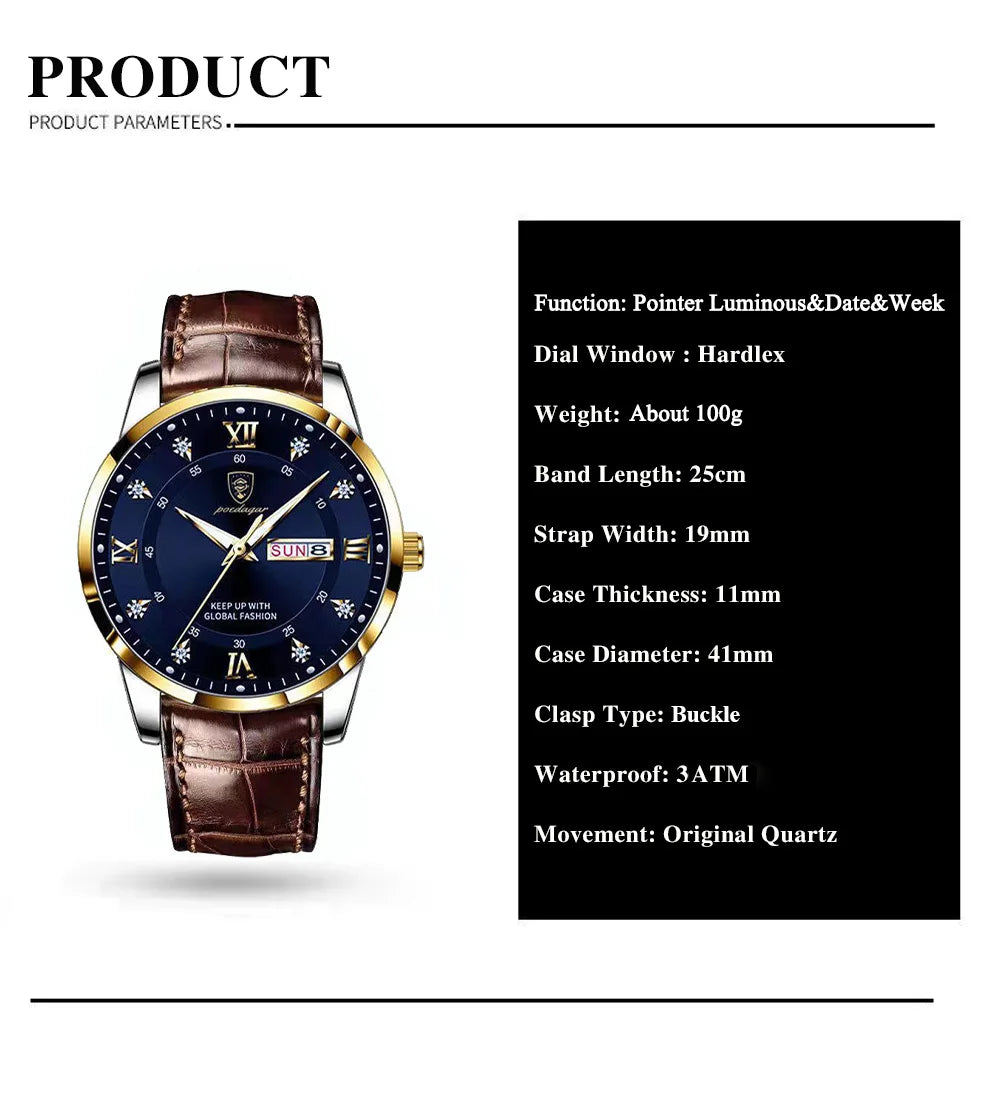 POEDAGAR Original High Quality Men Watch Waterproof Luminous Leather Sports Man Wristwatch Quartz Stylish Casual Watches For Men