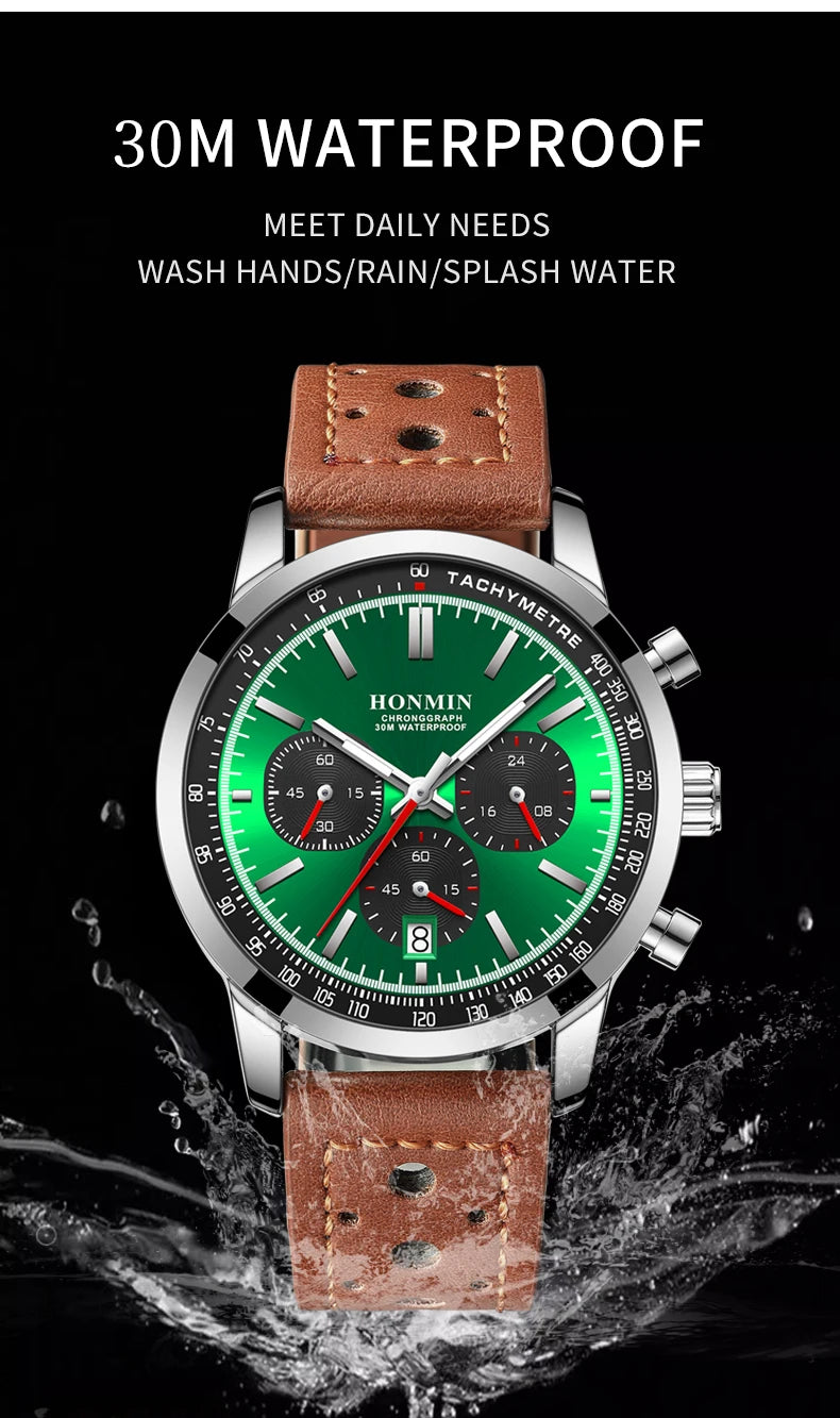 HONMIN Man Luxury Watch High Quality Waterproof Chronograph Luminous Men's Wristwatch Leather Men Quartz Watches Casual Clock