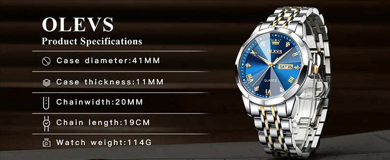 OLEVS Men's Watches Rhombus Mirror Original Quartz Watch for Man Waterproof Luminous Stainless Steel Wristwatch Male Date Week