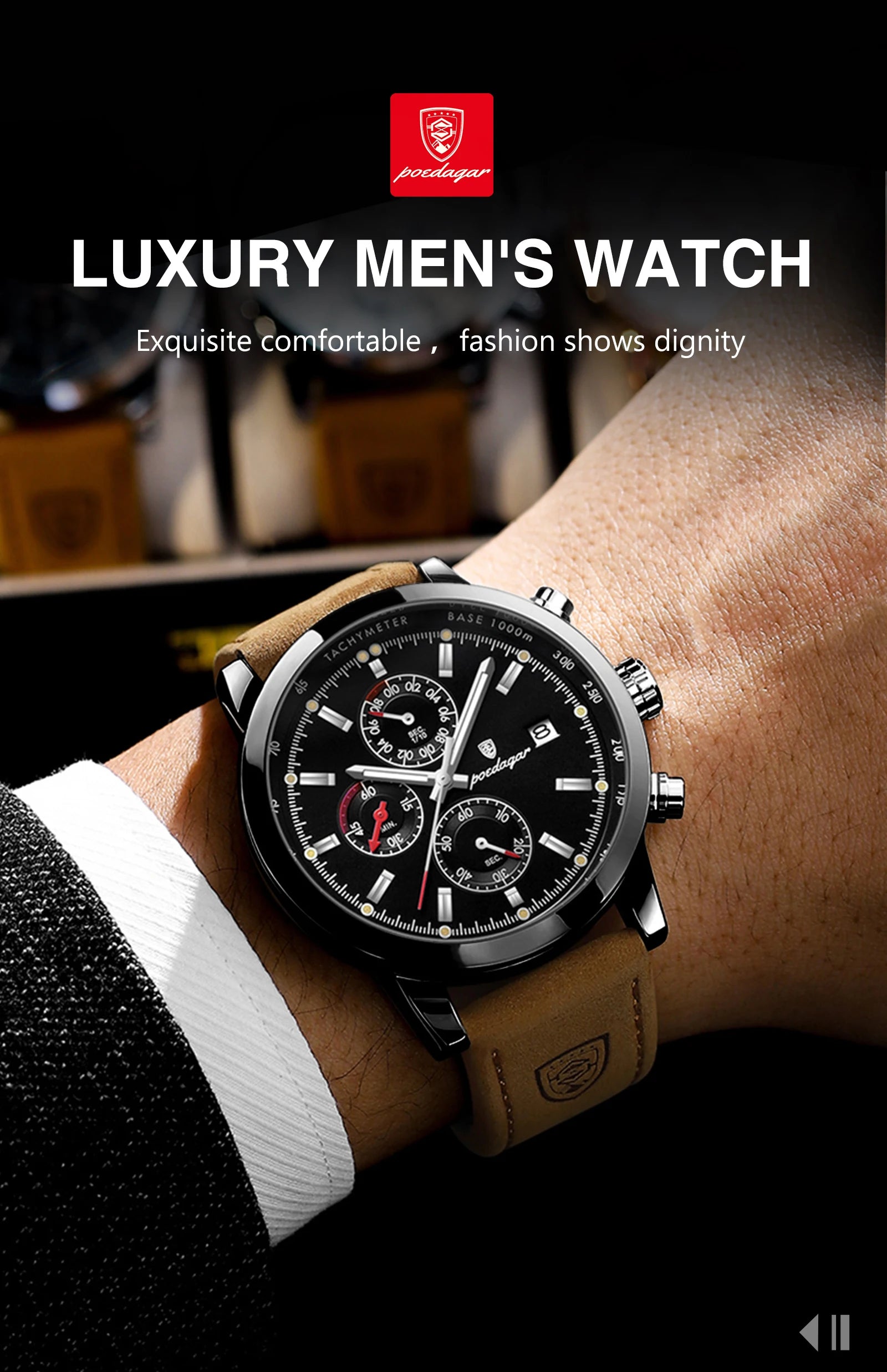 POEDAGAR Fashion Quartz Men's Watch Waterproof Luminous Chronograph Date Leather Man Watch Luxury Business Watches For Men Reloj