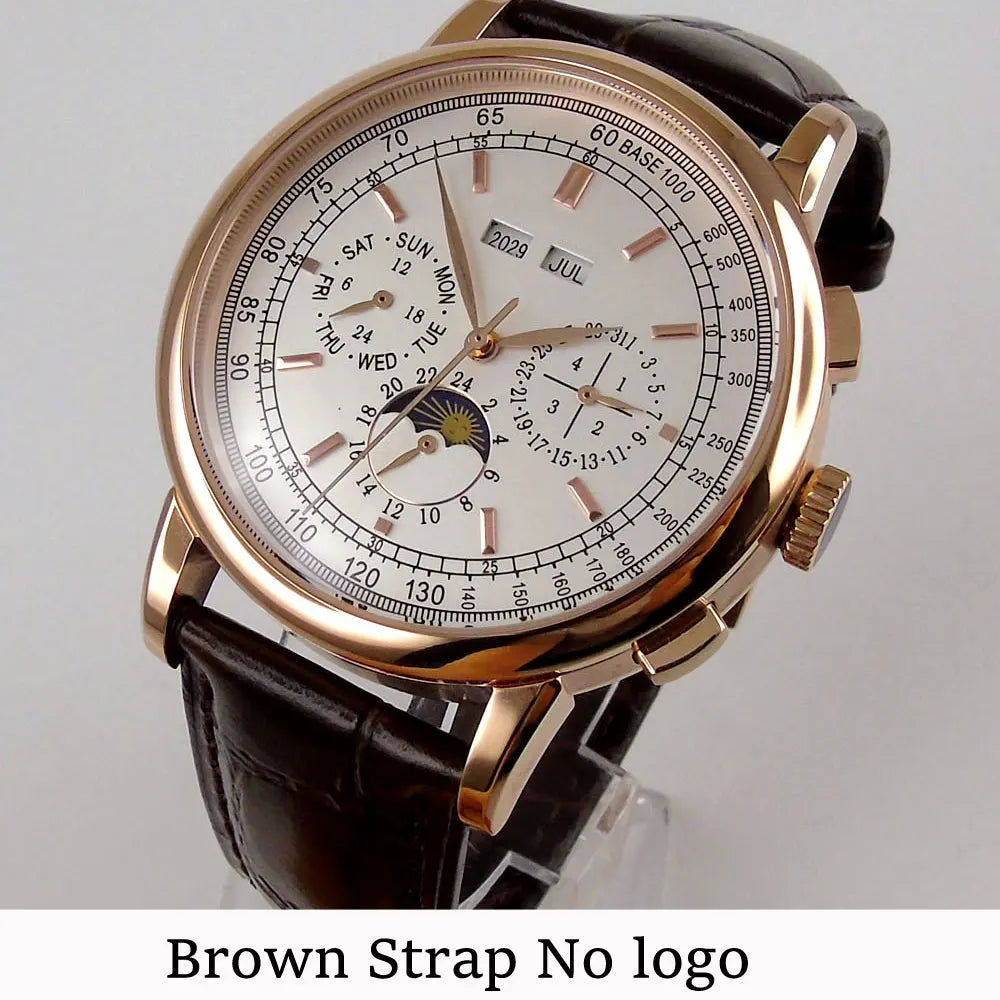 Corgeut 42mm Automatic Men's Watch Date Day Month Year Salmon Dial Multifunction 316L Leather Strap Polished Case Day Night