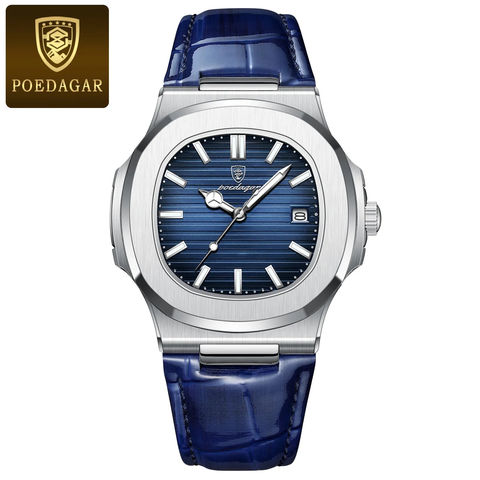 POEDAGAR Business Man Watch Date Waterproof Luminous Leather Classic Watches For Men High Quality Square Quartz Men's Wristwatch