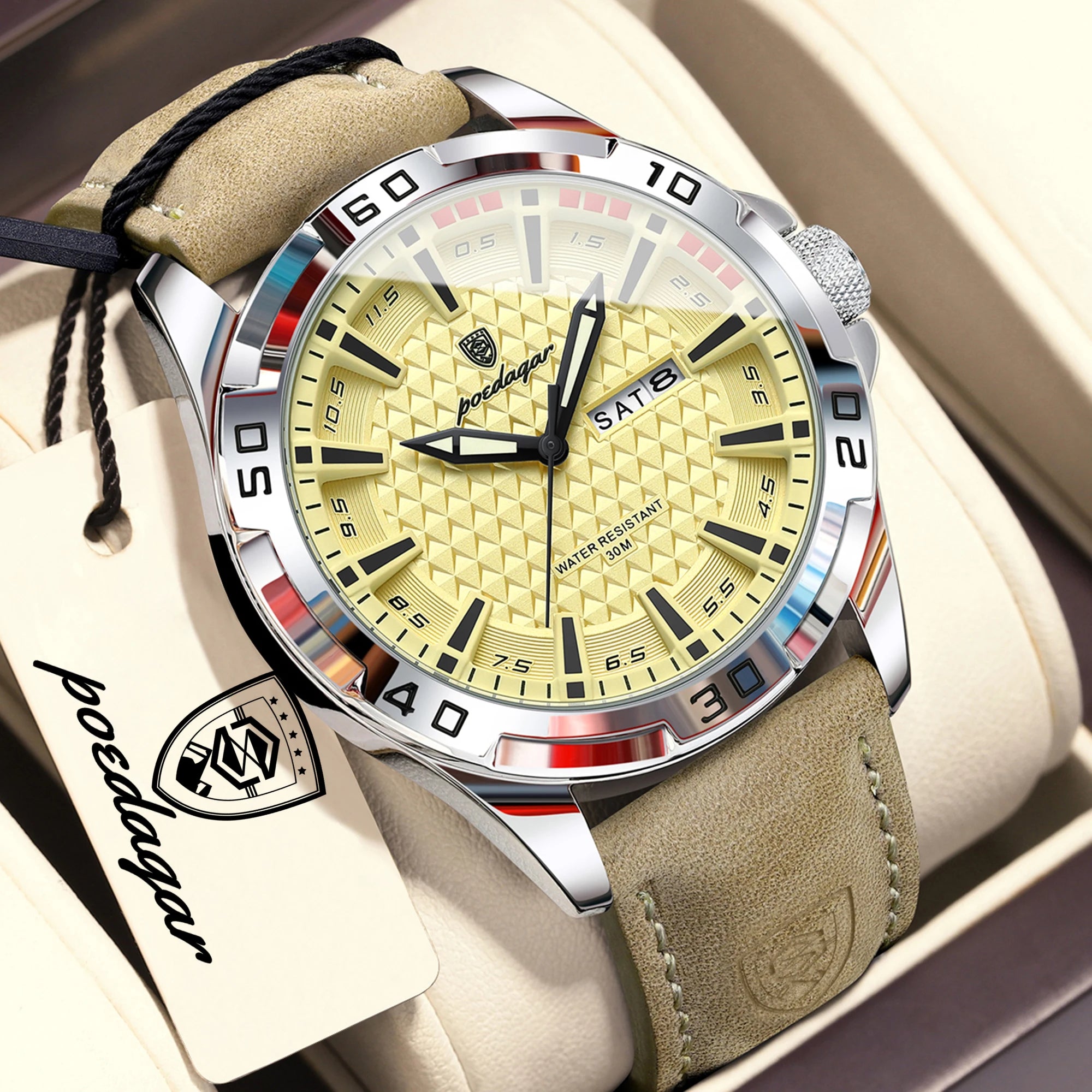 POEDAGAR Top Casual Sports Men Watch Waterproof Luminous Date Week Fashion Watch For Man Leather Classic Men's Quartz Wristwatch