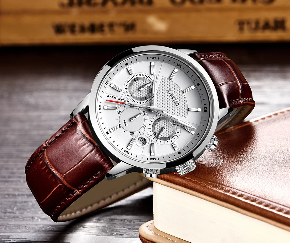 LIGE New Brown Leather Watch for Men Fashion Top Brand Luxury Men's Quartz Wristwatches Casual Waterproof Luminous Chronograph