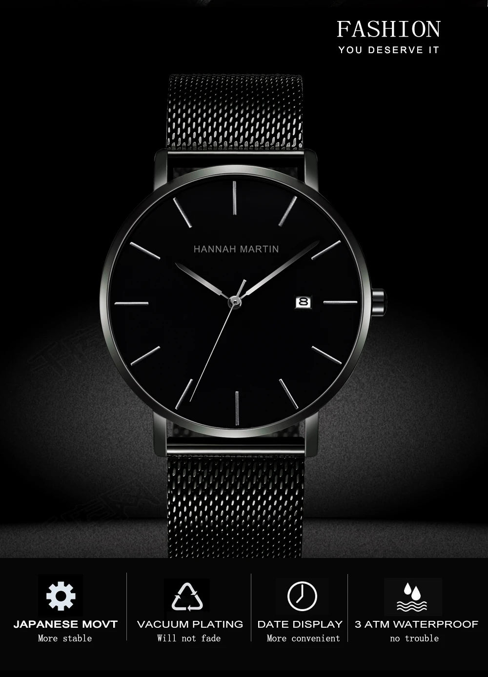 Men Dropshipping Wristwatch Hannah Martin Japan Movement 40mm Blue Minimalist Casual Leather Top Brand 3Bar Luxury Watch for Men