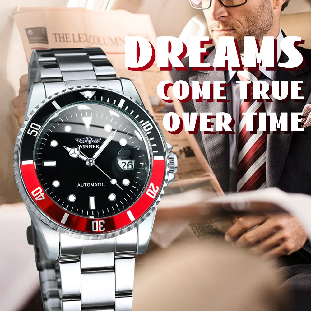 WINNER Classic Mechanical Watch for Men Rotating Bezel Luminous Calendar Fashion Business Automatic Watches Stainless Steel Band